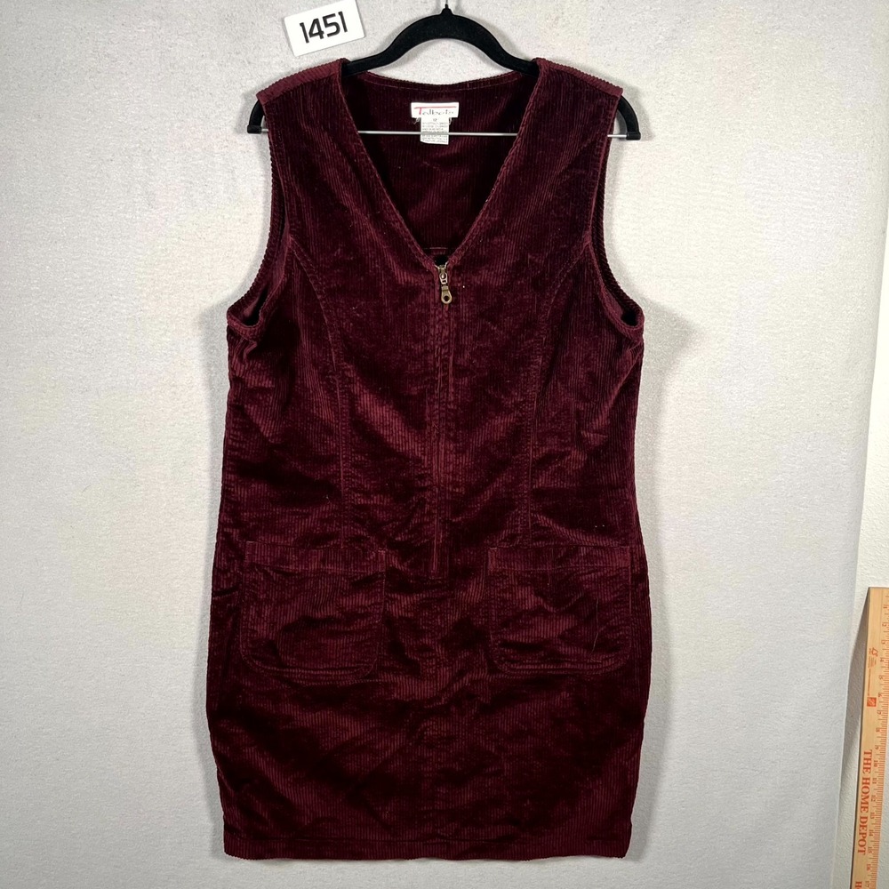 Talbots Mini‎ Sheath Dress Womens 12 Burgundy Zip Front Stretch V Neck Corduroy
